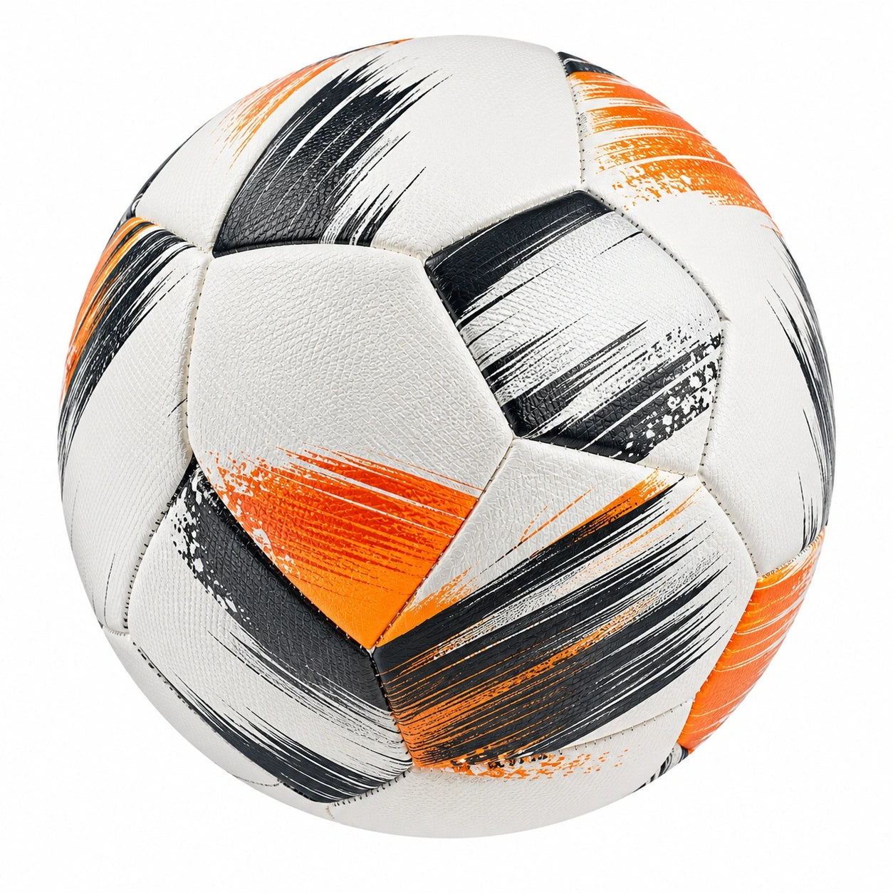 Fußball mit dynamischem Design in Weiß, Schwarz und Orange