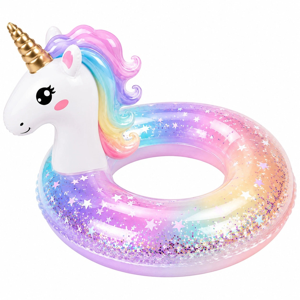 Aufblasbarer Einhorn Schwimmring mit Regenbogen Glitzer